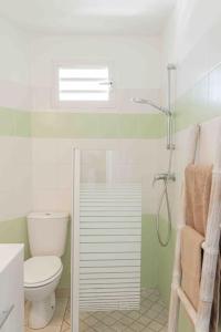 La salle de bains est pourvue de toilettes et d'une douche. dans l'établissement Villa Ti Papillon, à Saint-François