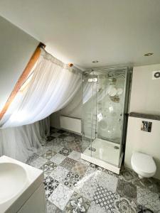 a bathroom with a shower and a toilet at Dome square apartment, Old Town in Riga +9 photos