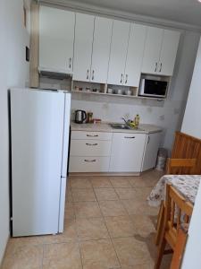 a kitchen with white cabinets and a white refrigerator at Apartmán U Rogala in Děčín +16 photos