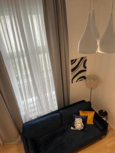 un sofá negro sentado frente a una ventana en Mina Luxury Suite 2, en Belgrado