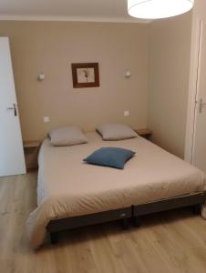 ein Schlafzimmer mit einem Bett mit einem blauen Kissen darauf in der Unterkunft Chez Maria in Cherrueix