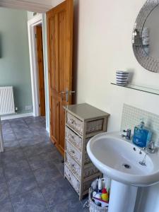 a bathroom with a sink and a mirror at Leylands Annexe in East Harptree
