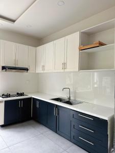 ダラットにあるTree House Midtownのキッチン(青いキャビネット、シンク付)