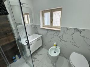 ein Bad mit einem WC, einem Waschbecken und einer Dusche in der Unterkunft Villa Life in San Donato Milanese