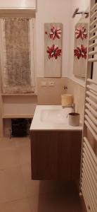 a bathroom with a sink and a window with flowers on the wall at La casa dei Sogni e dintorni in Cervo