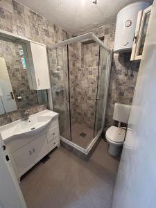 a bathroom with a shower and a sink and a toilet at Riba Fish Neum in Neum +17 photos