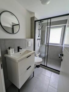 ein Bad mit einem Waschbecken und einer Dusche mit einem Spiegel in der Unterkunft Haus im Hochtal in Bad Bleiberg