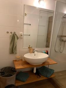 y baño con lavabo blanco y ducha. en Victory apartmán en Šamorín