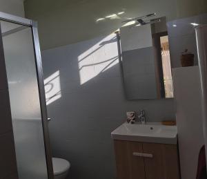 a bathroom with a toilet and a sink and a mirror at Chez Mo T1 indépendant avec son jardin privatif in Sète