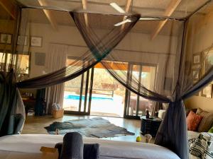 a bedroom with a bed and a view of a pool at Rooibos Luxury Bush Cottage in Hoedspruit