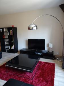 sala de estar con mesa negra y alfombra roja en Ces Jours À Pommard, en Pommard