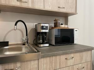 a kitchen counter with a microwave and a sink at TERRA HOMERICA in Chios