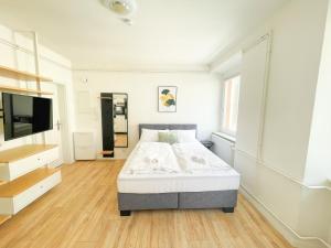 1 dormitorio con 1 cama y TV de pantalla plana en StayHere Central City Studio 4 - contactless Self-Check-IN, en Graz