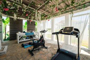 uma sala de fitness com uma passadeira e um ginásio em Villa Shangri-La Zakinthos em Zakynthos Town