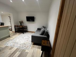 a living room with a couch and a tv at Small home in Llanfairpwll in Llanfairpwllgwyngyll