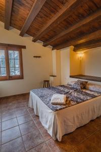 Cama grande en habitación con techo de madera en Can Tubau - Casa rural - Apartaments en Campelles