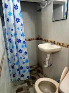 a bathroom with a sink and a toilet and a shower curtain at CHAVIN inn with kitchen compartida Lima in Lima