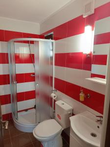 a red and white bathroom with a toilet and a sink at Casuta Din Livada in Moisei