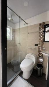 a bathroom with a toilet and a shower and a sink at Hotel Santa Maria Villeta in Villeta