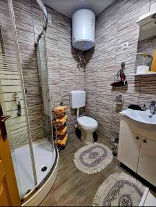 een badkamer met een douche, een toilet en een wastafel bij Apartmani GS ***** Zavidovici in Zavidovići