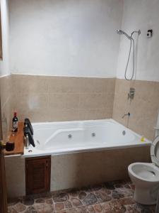 a bathroom with a bath tub and a toilet at glamping volvere san GabrieL 