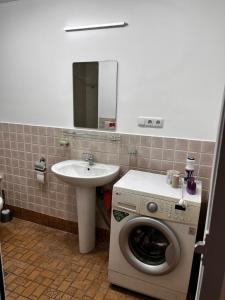 une salle de bain avec une machine à laver et un lavabo dans l'établissement Komitas Apartement, à Erevan 5 autres photos