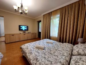 een slaapkamer met een bed met 2 kussens erop bij Geo Kutaisi in Koetaisi