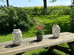 three vases sitting on a wooden table with flowers at Chalet in Heeg aan het water in Heeg