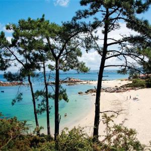 a beach with trees and people in the water at c Apartamentos Diego in O Grove