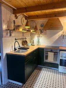 a kitchen with green cabinets and a sink at Kaszubski sen in Smołdzino +11 photos