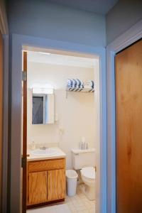 a bathroom with a white toilet and a sink at NEW! Townhouse - Tenney Mountain Resort in Plymouth +21 photos