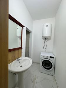 a bathroom with a washing machine and a sink at M&D Apartment in Struga +20 photos