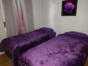 2 camas en una habitación con sábanas moradas en Hostal NFrocket en Los Ángeles