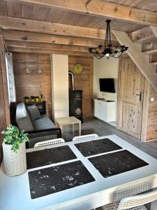 ein Wohnzimmer mit einem Sofa und einem Kamin in der Unterkunft Sosenkowe Zacisze Wiele in Wiele