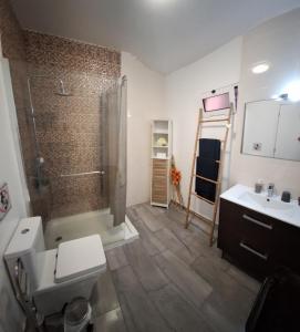 een badkamer met een douche, een toilet en een wastafel bij Funchal House in Funchal