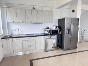 a kitchen with wooden cabinets and stainless steel appliances at Christale Rooms in Năvodari +19 photos