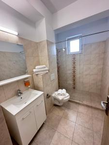 a bathroom with a shower and a toilet and a sink at Christale Rooms in Năvodari