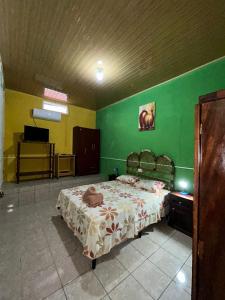 a bedroom with a bed and a green wall at Casa Maya Itza in Flores