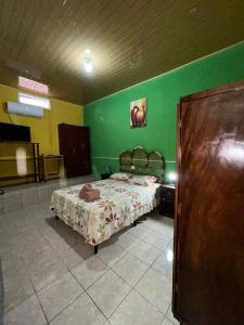 um quarto com uma cama e uma parede verde em Casa Maya Itza em Flores
