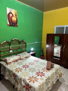 una camera con letto e parete verde di Casa Maya Itza a Flores