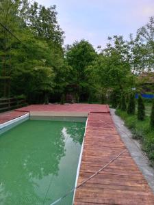 einen Pool mit grünem Wasser und einer Holzterrasse in der Unterkunft La Mylii in Berevoeşti