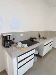uma cozinha com um lavatório e uma bancada em Residencial Mar Azul-suíte 12 em Pontal do Paraná