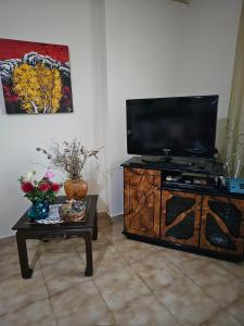 un soggiorno con TV a schermo piatto e tavolo di Aira Villa a Përmet