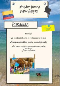a flyer for a beach resort with a picture of the ocean at WonderBeach Baru Raquel in Barú