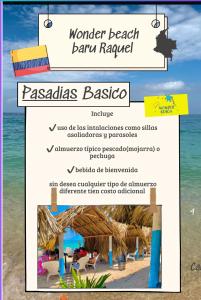a flyer for a beach barra raja rajaaja baraja website at WonderBeach Baru Raquel in Barú