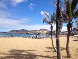 una playa con palmeras y gente en el agua en Apartamento Good Holidays, en Las Palmas de Gran Canaria