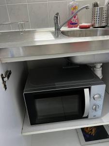 un microondas bajo un fregadero en la cocina en Studio Socrate, en Montrouge