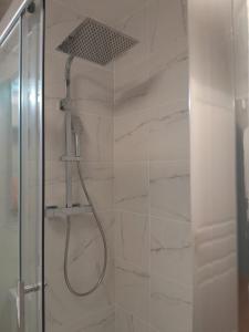 een douche met een douchekop in de badkamer bij Studio Marin in Arcueil