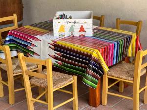 uma mesa com uma toalha de mesa colorida em cima em Villa Cresci con piscina em Sassetta