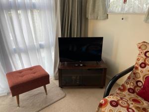 a living room with a tv and a chair at Hop, Skip & Jump From Picton Waterfront in Picton